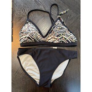 Athleta Womens Medium Bikini Set With Abstract Print Top & Black Bottoms Nylon/S